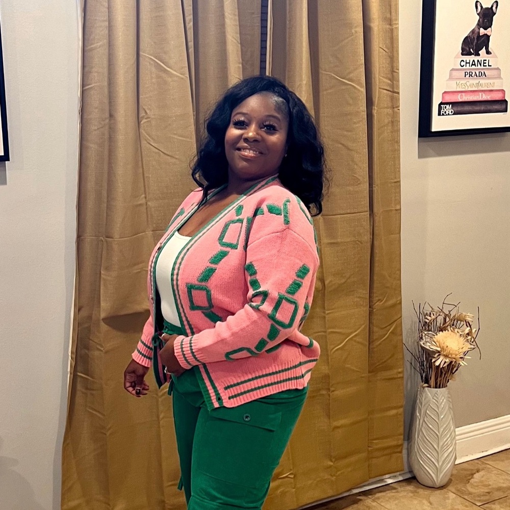 Two different color cardigans. Pink and Green. Green and White